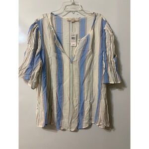 LOFT Striped Lyocell Split Neck Flutter Sleeve Blouse Blue Cream XL NaturalFiber